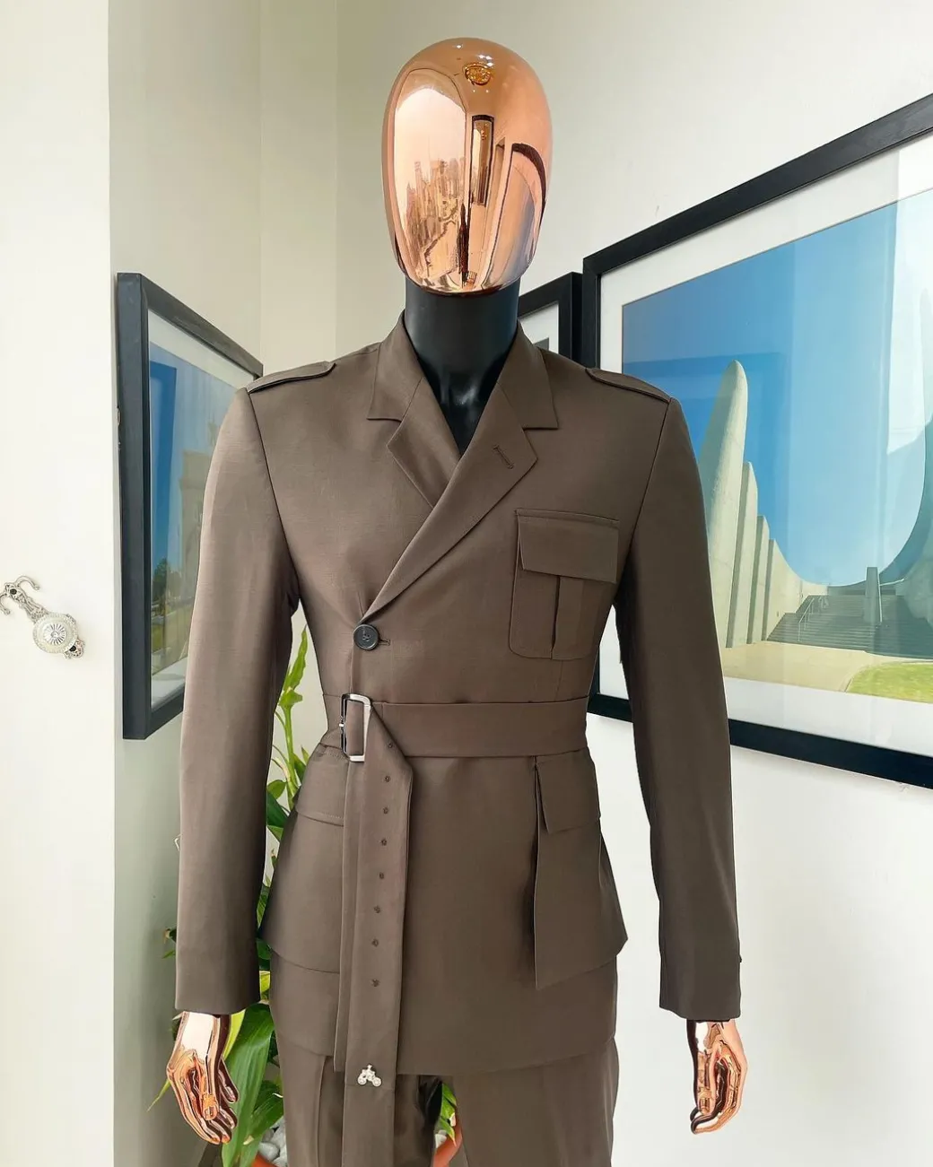 A monochrome “06-06-1944 – D-Day” Coffee brown, notch lapel, 2 button combat wrap suit