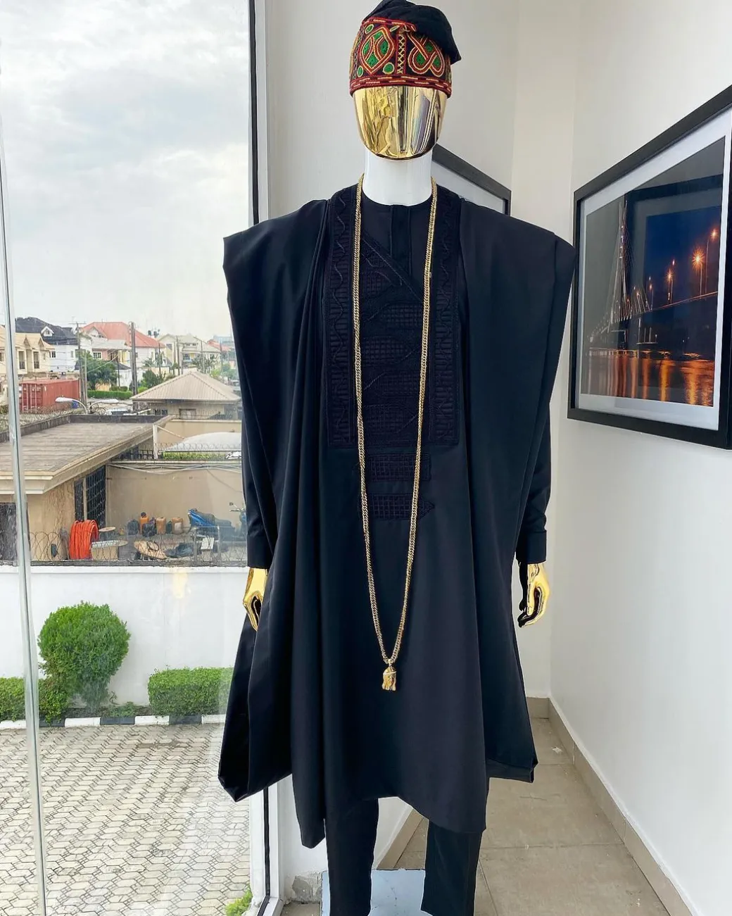 A Monochrome black with connected embroidery Agbada