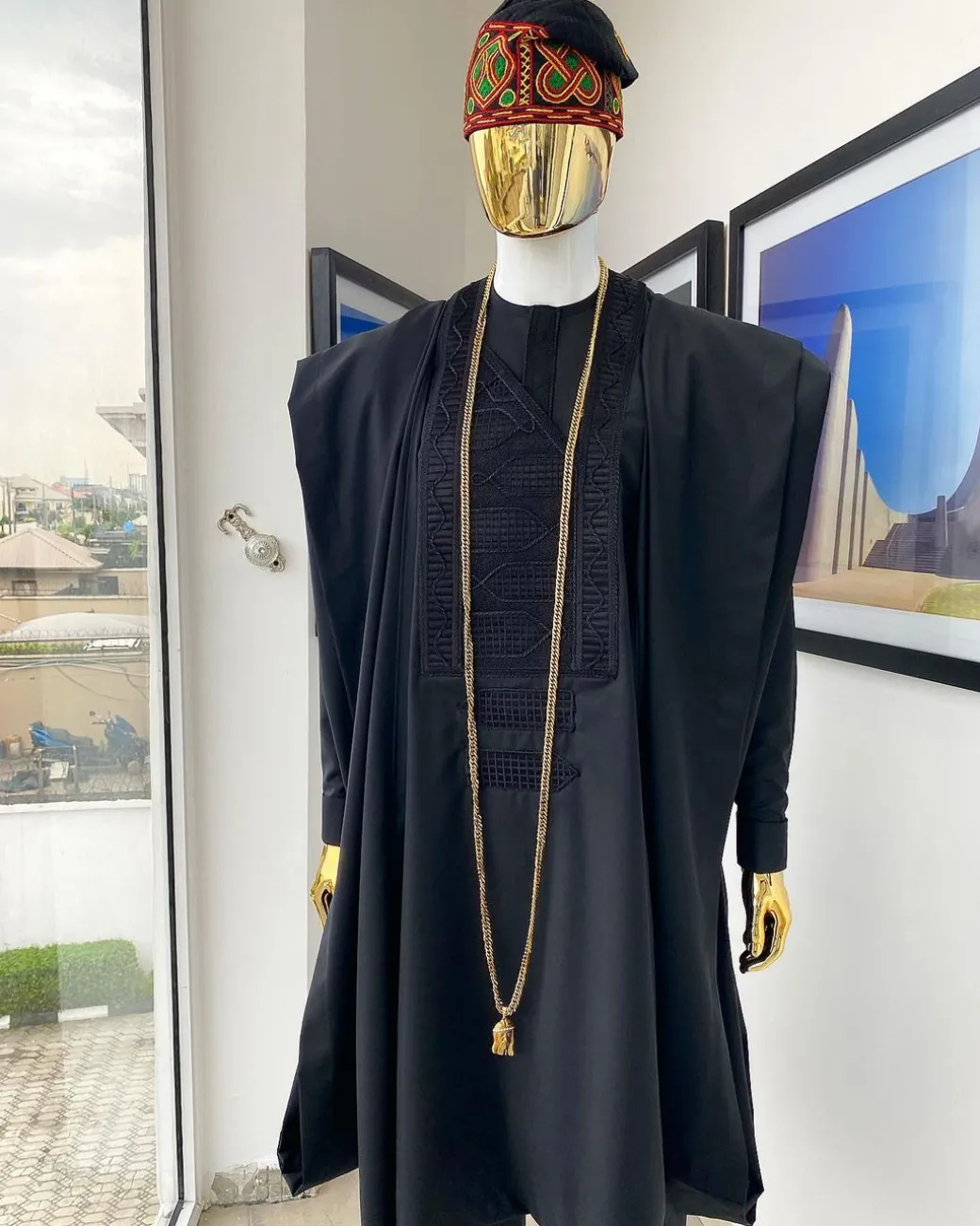 A Monochrome black with connected embroidery Agbada