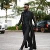 A monochrome Charcoal black deconstructed double breasted jacket with flare