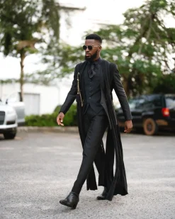 A monochrome Charcoal black deconstructed double breasted jacket with flare