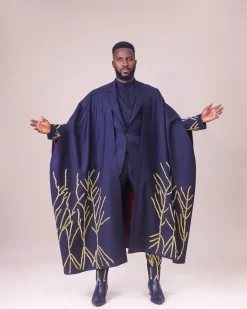 A Monochrome Charcoal black “Chadwick” metallic gold wire embroidery suit