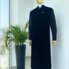 A monochrome Charcoal Black long senator kaftan, Soaked black premium velvet kimono with Swarovski button details, and matching velvet round cap