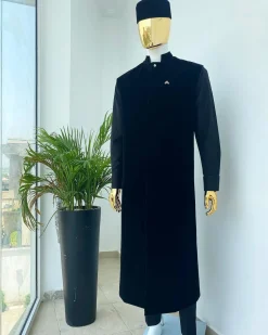 A monochrome Charcoal Black long senator kaftan, Soaked black premium velvet kimono with Swarovski button details, and matching velvet round cap