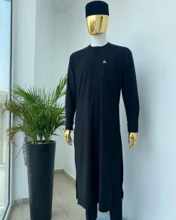 A monochrome Charcoal Black long senator kaftan