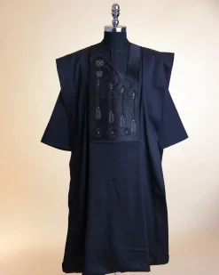 A Monochrome Charcoal Black, arrow & floral metallic wire embroidery design Swarovski stone details agbada