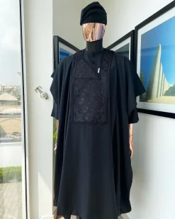 A Monochrome charcoal black precision 3D imagery embroidery Agbada