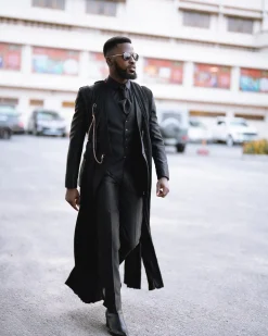 A monochrome Charcoal black deconstructed double breasted jacket with flare
