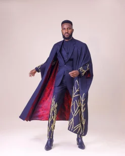 A Monochrome Charcoal black “Chadwick” metallic gold wire embroidery suit