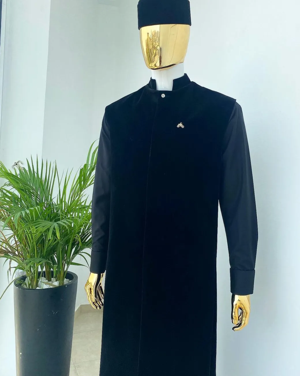 A monochrome Charcoal Black long senator kaftan, Soaked black premium velvet kimono with Swarovski button details, and matching velvet round cap