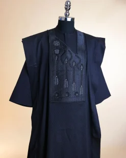 A Monochrome Charcoal Black, arrow & floral metallic wire embroidery design Swarovski stone details agbada