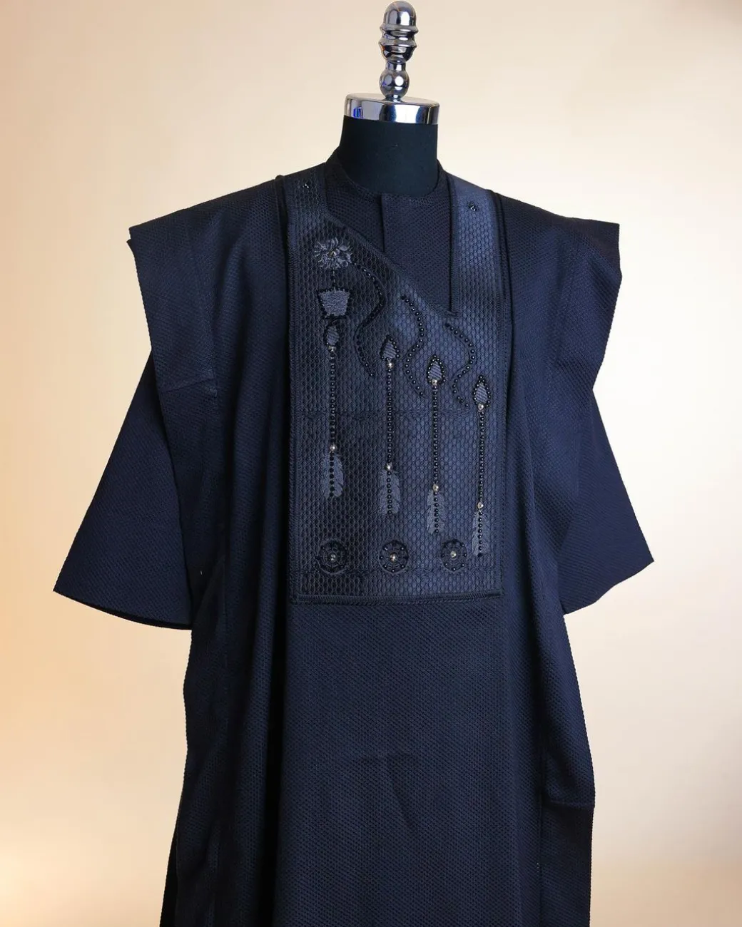 A Monochrome Charcoal Black, arrow & floral metallic wire embroidery design Swarovski stone details agbada