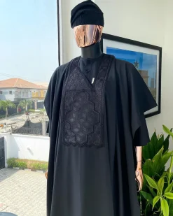 A Monochrome charcoal black precision 3D imagery embroidery Agbada