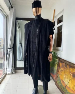 A Monochrome Charcoal black Voil connected embroidery Agbada