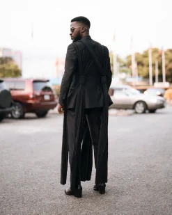 A monochrome Charcoal black deconstructed double breasted jacket with flare