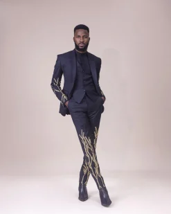 A Monochrome Charcoal black “Chadwick” metallic gold wire embroidery suit
