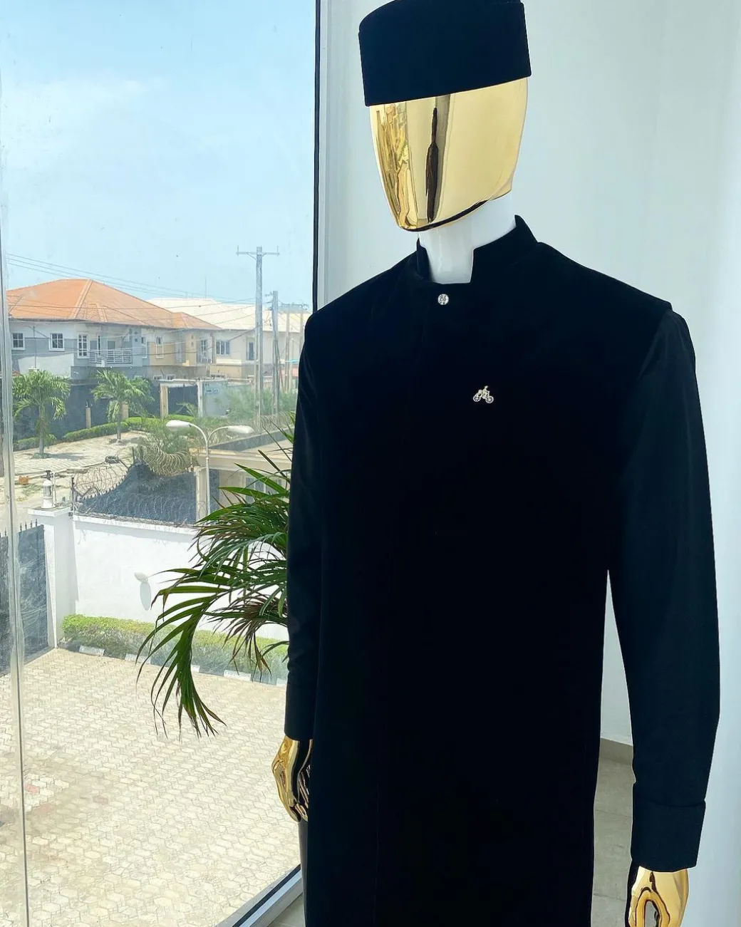 A monochrome Charcoal Black long senator kaftan, Soaked black premium velvet kimono with Swarovski button details, and matching velvet round cap