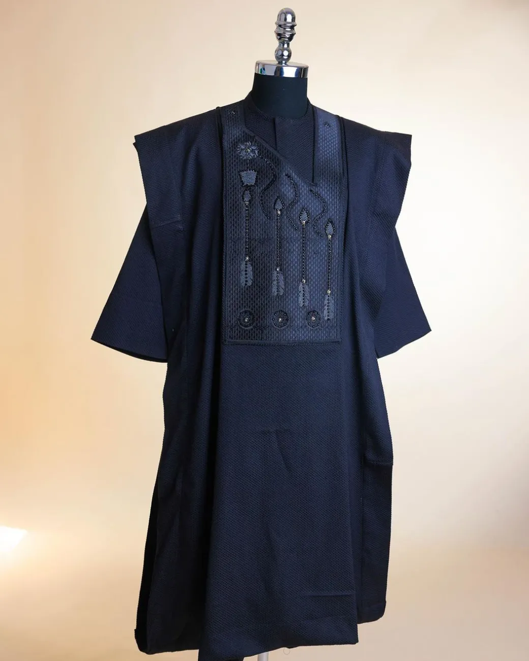 A Monochrome Charcoal Black, arrow & floral metallic wire embroidery design Swarovski stone details agbada
