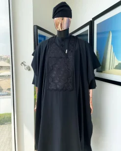 A Monochrome charcoal black precision 3D imagery embroidery Agbada