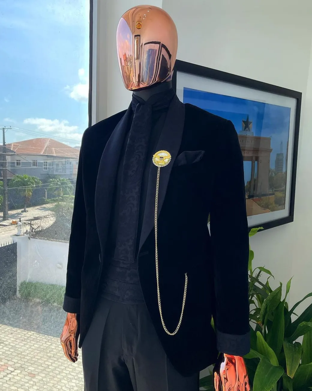 A monochrome charcoal black shawl lapel soaked Italian velvet tuxedo suit