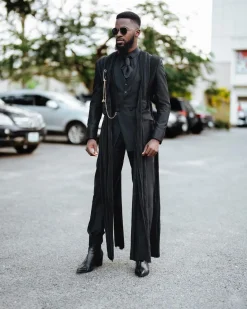 A monochrome Charcoal black deconstructed double breasted jacket with flare