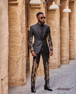 A Monochrome Charcoal black “Chadwick” metallic gold wire embroidery suit