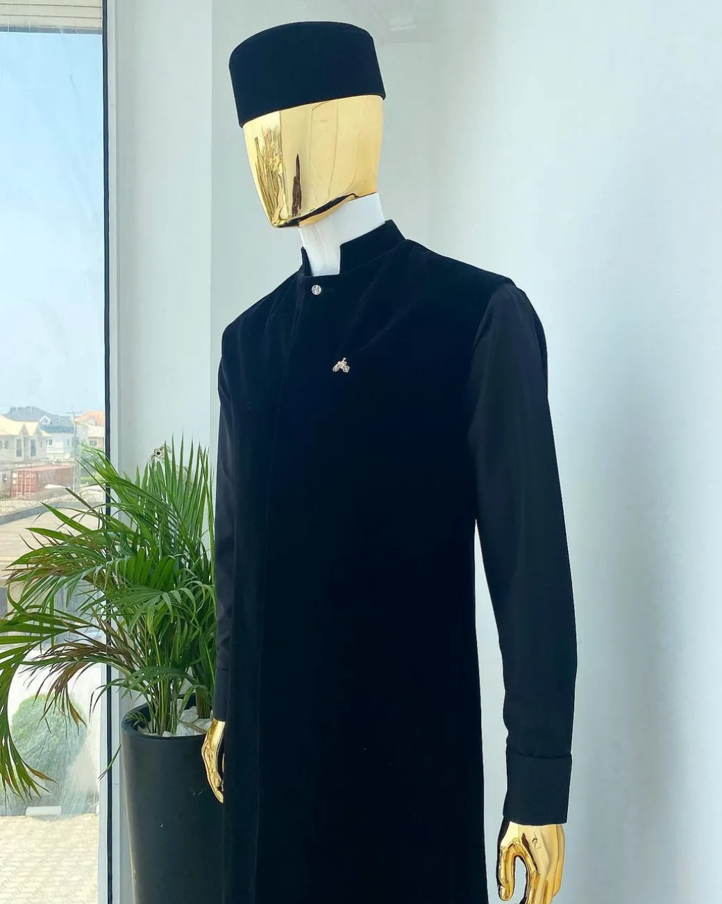 A monochrome Charcoal Black long senator kaftan, Soaked black premium velvet kimono with Swarovski button details, and matching velvet round cap
