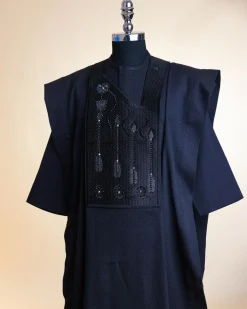 A Monochrome Charcoal Black, arrow & floral metallic wire embroidery design Swarovski stone details agbada