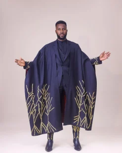 A Monochrome Charcoal black “Chadwick” metallic gold wire embroidery suit