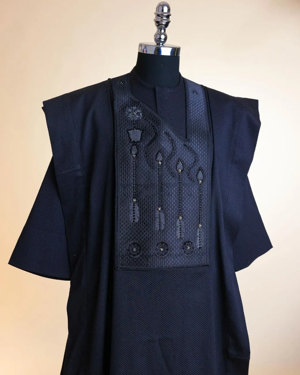 A Monochrome Charcoal Black, arrow & floral metallic wire embroidery design Swarovski stone details agbada