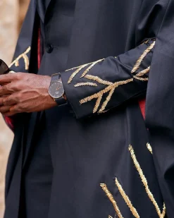 A Monochrome Charcoal black “Chadwick” metallic gold wire embroidery suit