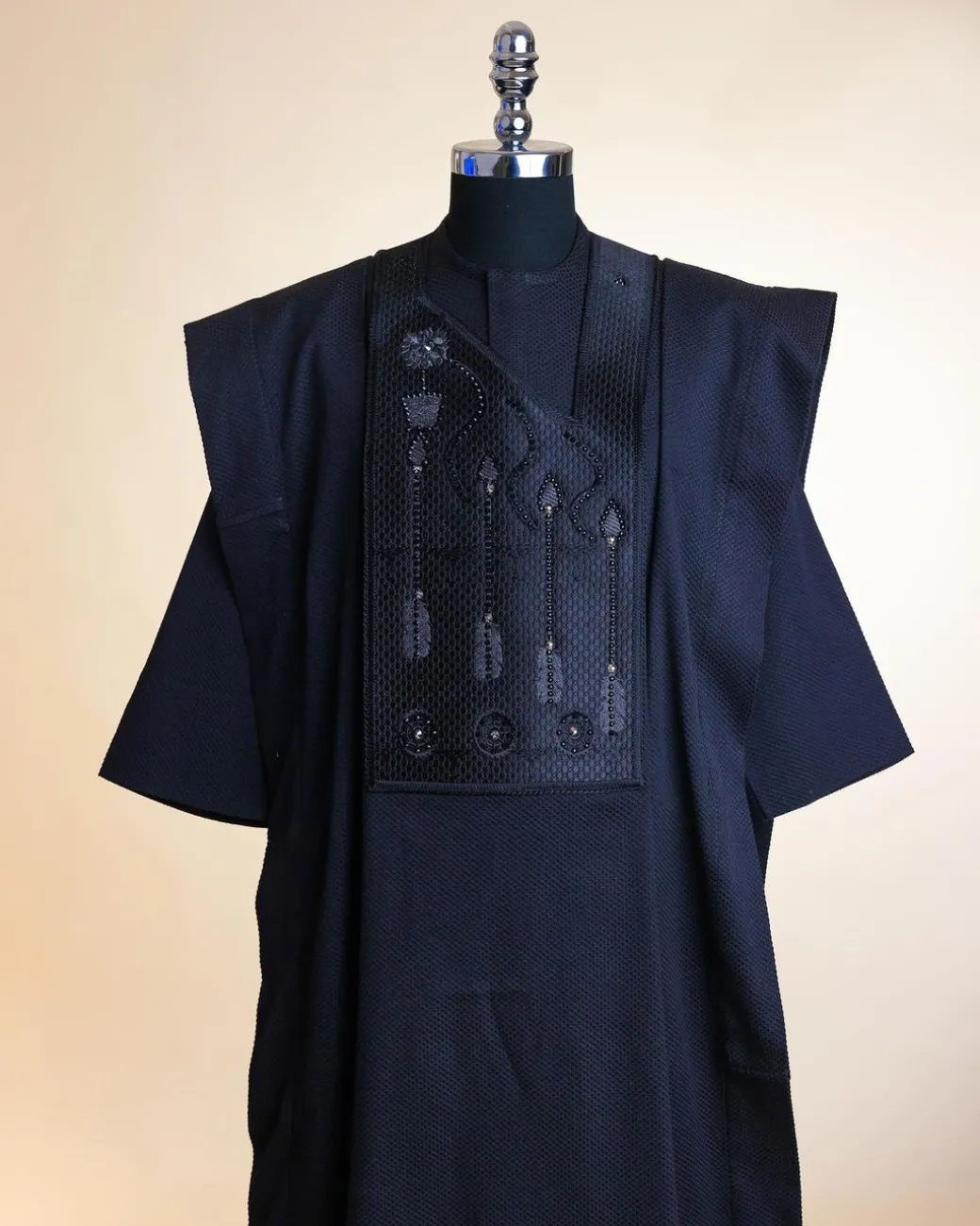 A Monochrome Charcoal Black, arrow & floral metallic wire embroidery design Swarovski stone details agbada