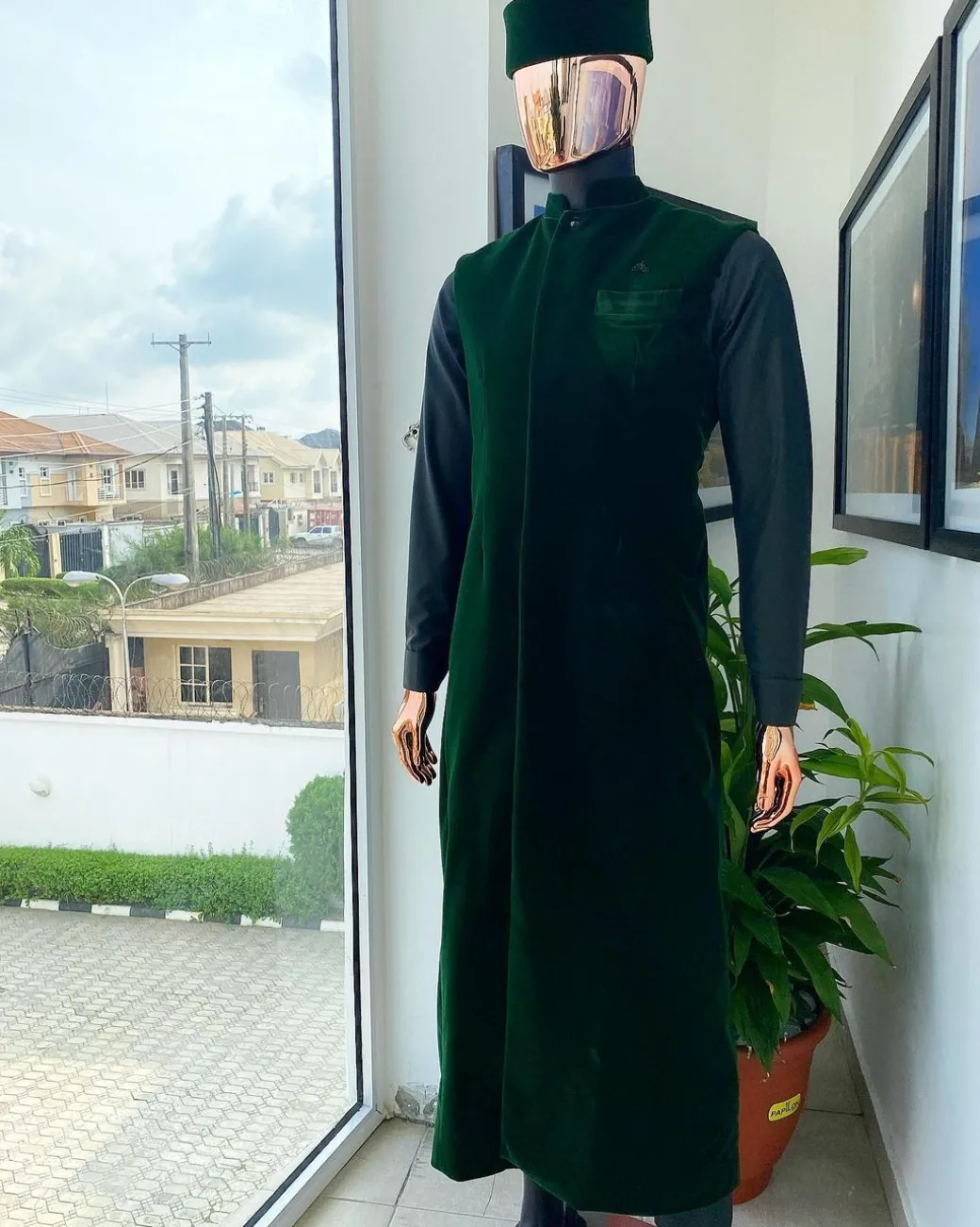 A monochrome forest green long senator kaftan, Soaked premium velvet kimono with Black Swarovski button details & matching velvet round cap.