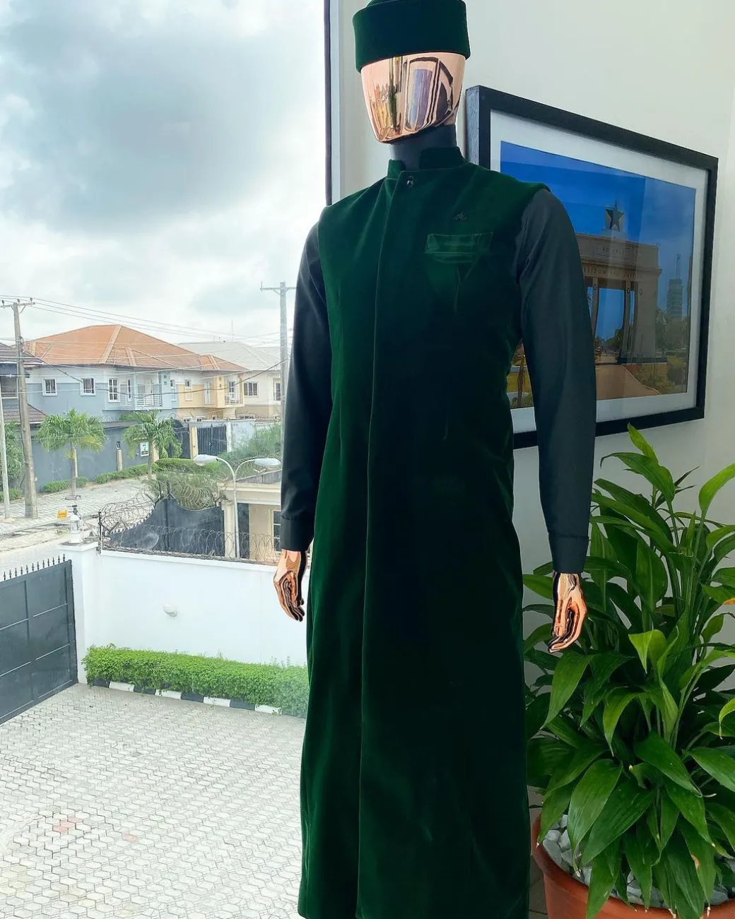 A monochrome forest green long senator kaftan, Soaked premium velvet kimono with Black Swarovski button details & matching velvet round cap.