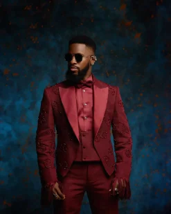 A monochrome, knitted, hand-woven aso-oke, matching bead layering tuxedo suit