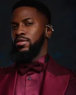 A monochrome, knitted, hand-woven aso-oke, matching bead layering tuxedo suit