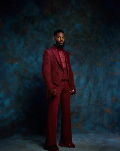 A monochrome, knitted, hand-woven aso-oke, matching bead layering tuxedo suit