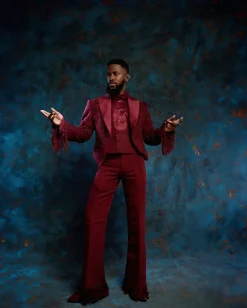 A monochrome, knitted, hand-woven aso-oke, matching bead layering tuxedo suit