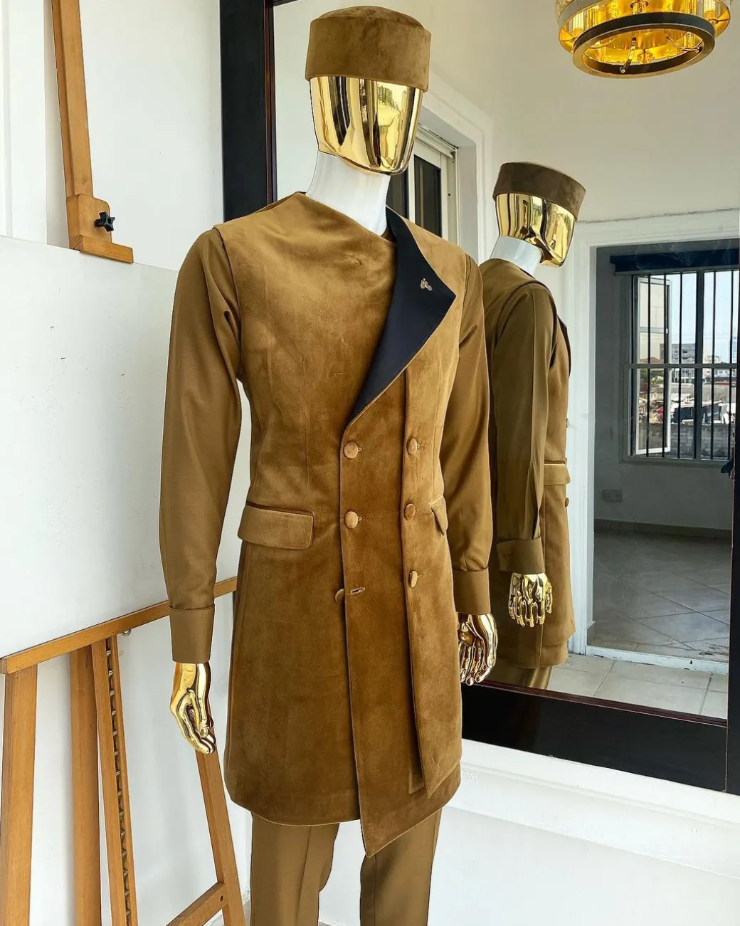 A monochrome light brown Greek military jacket, senator kaftan and sokoto from “Ayeye” Ijade 20/21 “Balogun”