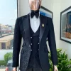 A monochrome “Mandarin” dispersed floral charcoal all black peak lapel tuxedo jacquard suit