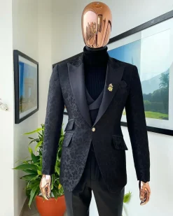 A monochrome “Mandarin” dispersed floral charcoal black peak lapel tuxedo jacquard suit