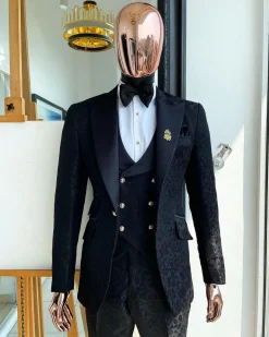 A monochrome “Mandarin” dispersed floral charcoal all black peak lapel tuxedo jacquard suit