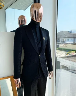 A Monochrome “Mandarin” dispersed floral charcoal all black peak lapel tuxedo jacquard suit.