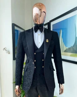 A monochrome “Mandarin” dispersed floral charcoal all black peak lapel tuxedo jacquard suit