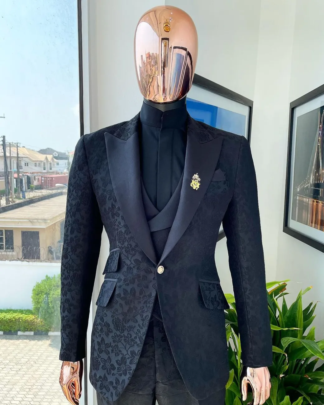 A Monochrome “Mandarin” dispersed floral charcoal all black peak lapel tuxedo jacquard suit.
