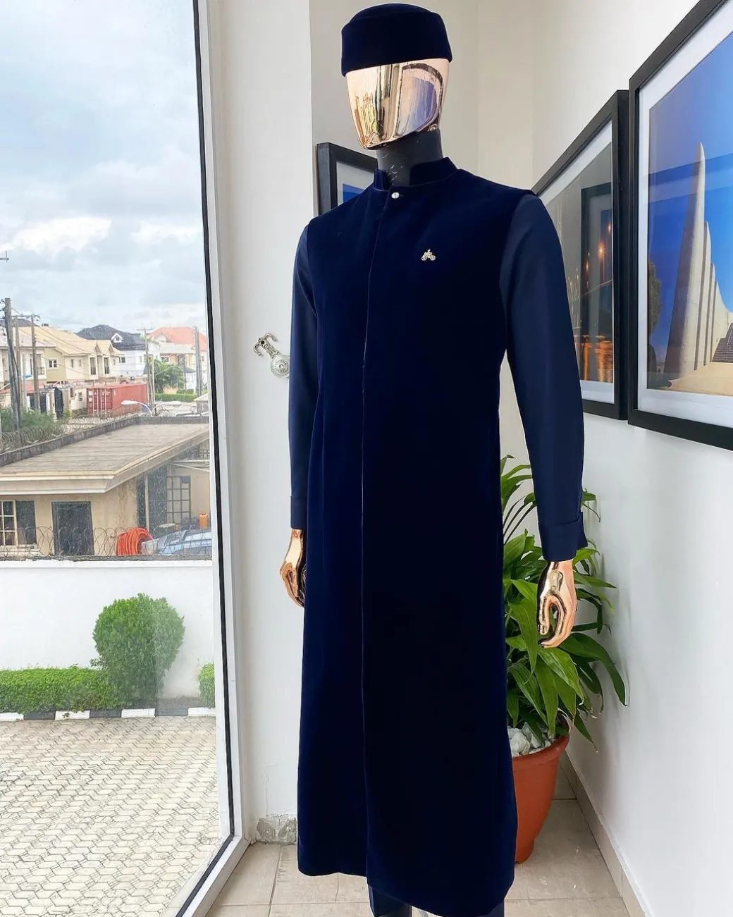 A monochrome Midnight blue long senator kaftan, Soaked premium velvet kimono