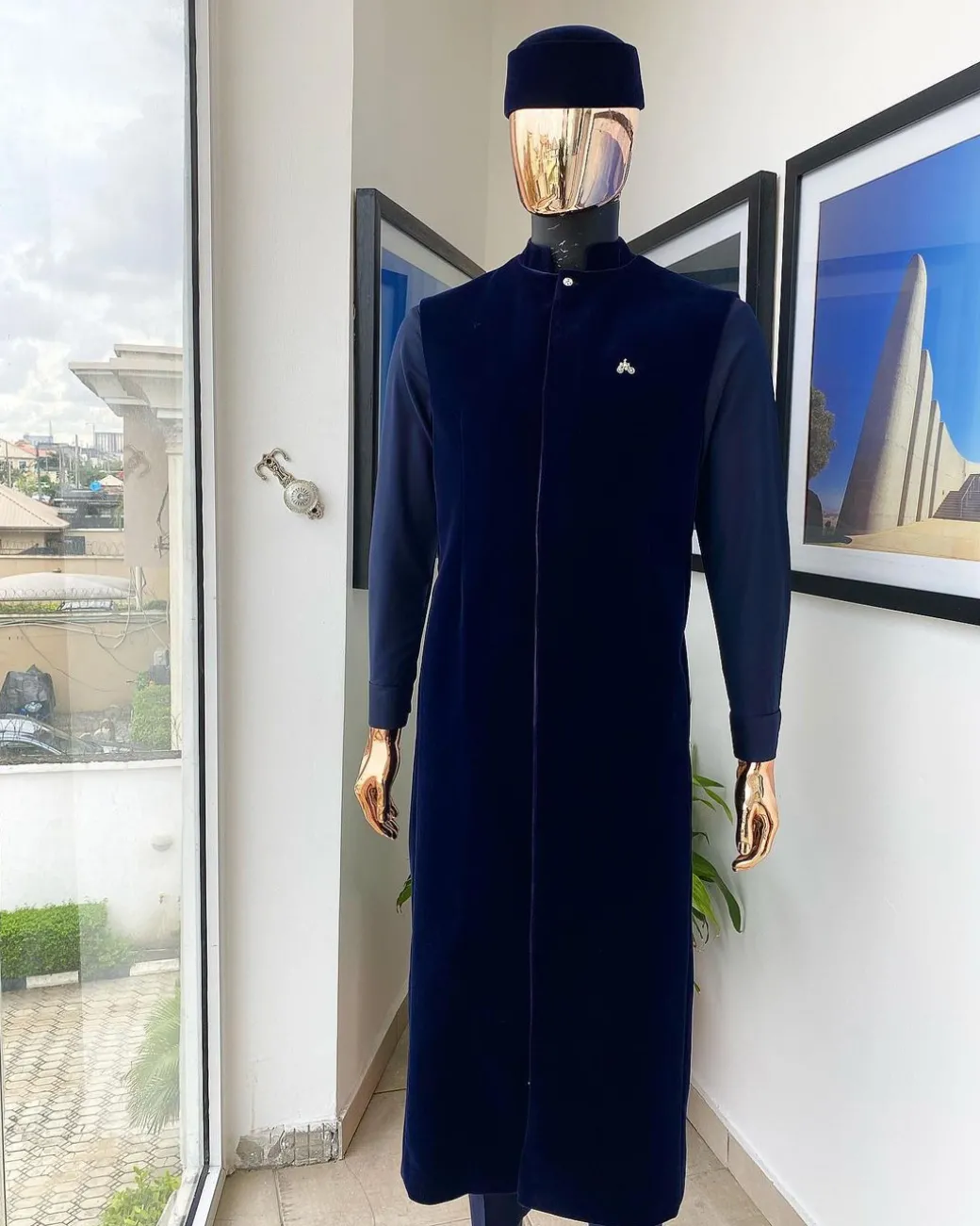 A monochrome Midnight blue long senator kaftan, Soaked premium velvet kimono