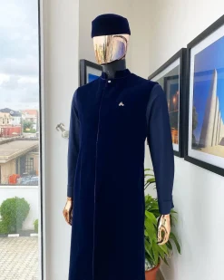 A monochrome Midnight blue long senator kaftan, Soaked premium velvet kimono
