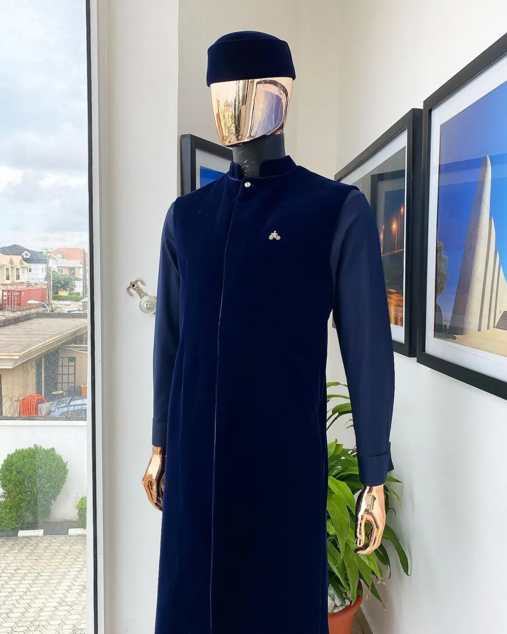 A monochrome Midnight blue long senator kaftan, Soaked premium velvet kimono