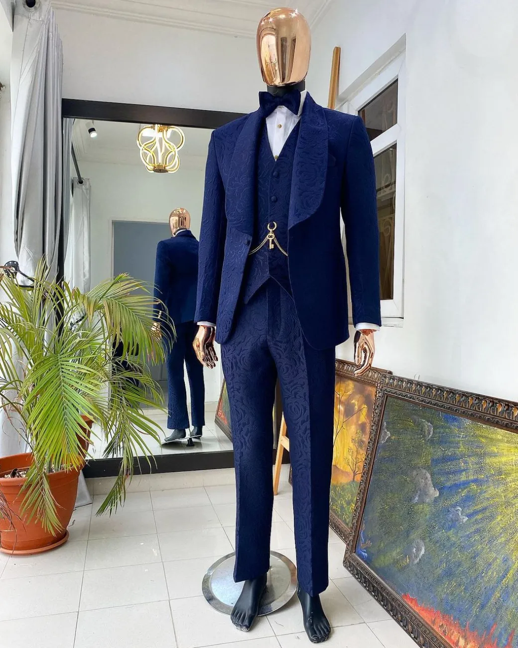 A Monochrome Navy Blue Jacquard Tuxedo Suit.